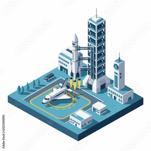 Foto Isometric Illustration of a Space Shuttle and Launch Complex.