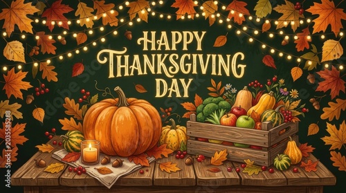 Happy thanksgiving day greeting card with pumpkins, vegetables in a wooden crate, and autumn leaves on a rustic table