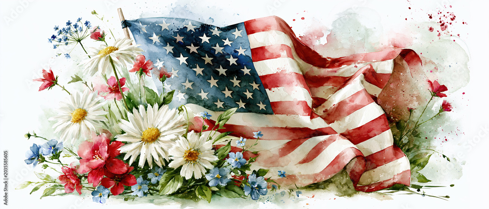 Fototapeta premium American Flag with Wildflowers Patriotic Floral Composition – AI Generative
