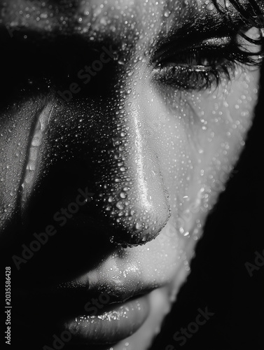 Dramatic monochrome portrait with water droplets and deep shadows expressing vulnerability, heartbreak, mystery, and emotional intensity.