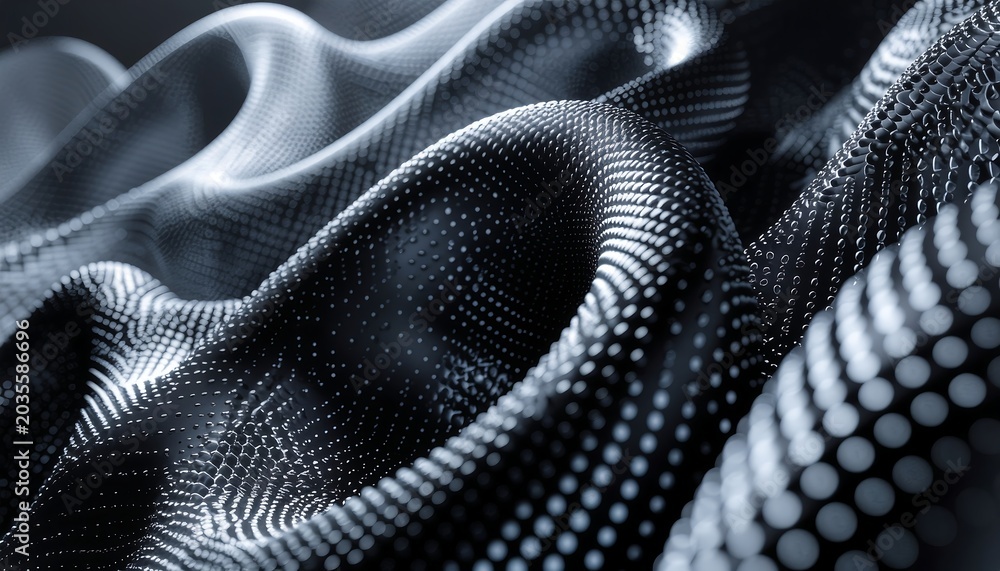 Naklejka premium Abstract dark background with flowing digital dots and wavy structure.