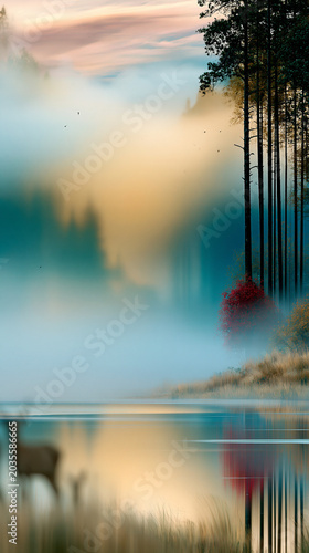Atmospheric misty forest reflected in calm water with soft sunrise colors creating a peaceful and dreamy natural background.