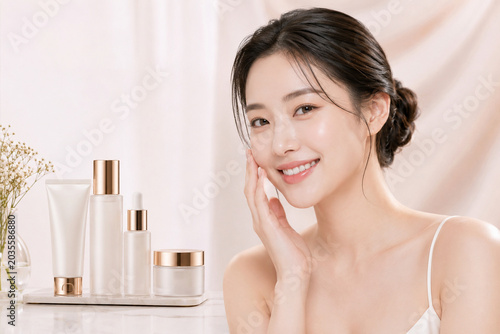 Beautiful Asian woman with skincare product set for beauty advertisement