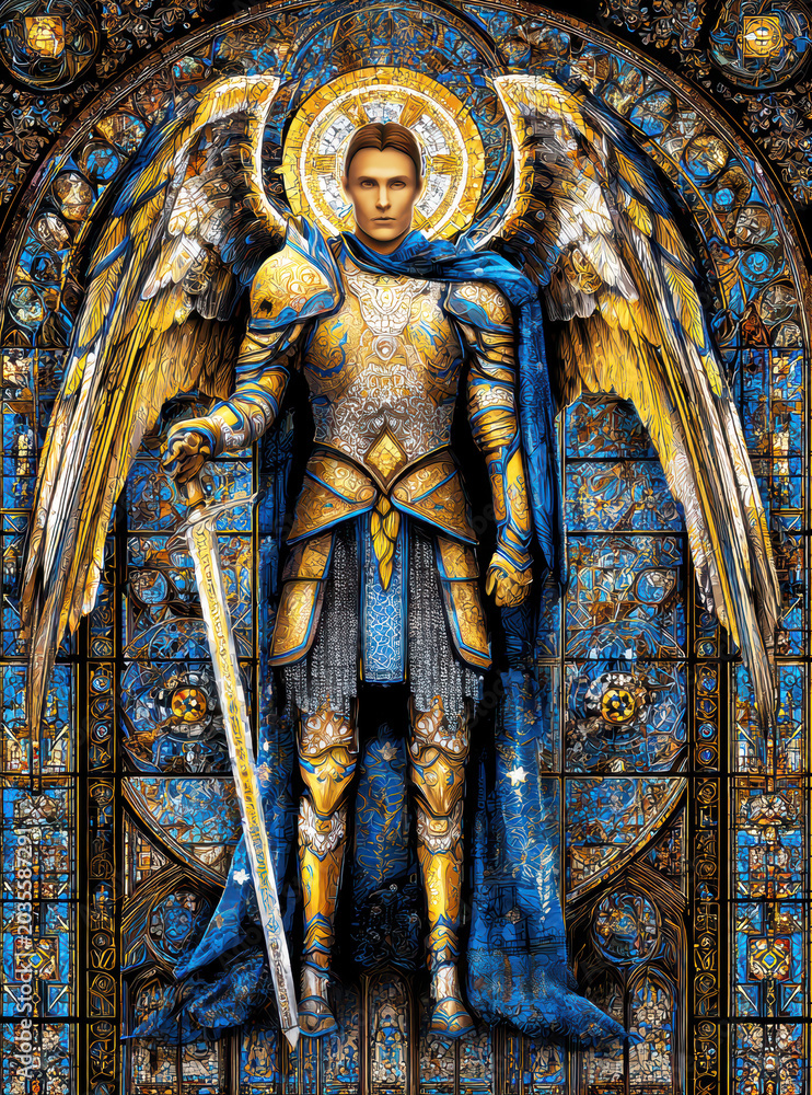 Obraz premium Majestic Archangel Warrior with Golden Wings and Stained Glass Background. AI generative.
