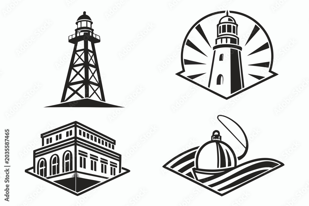 Naklejka premium Four black and white icons of lighthouse and oil rig symbols
