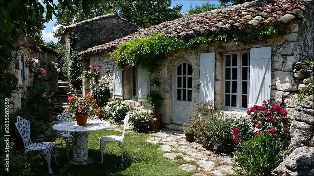 Fototapeta premium Sunny European Rustic Stone Cottage Patio, White Window Shutters, Ornate Metal Outdoor Seating, Blooming Potted Flowers, Peaceful Rural Garden Retreat