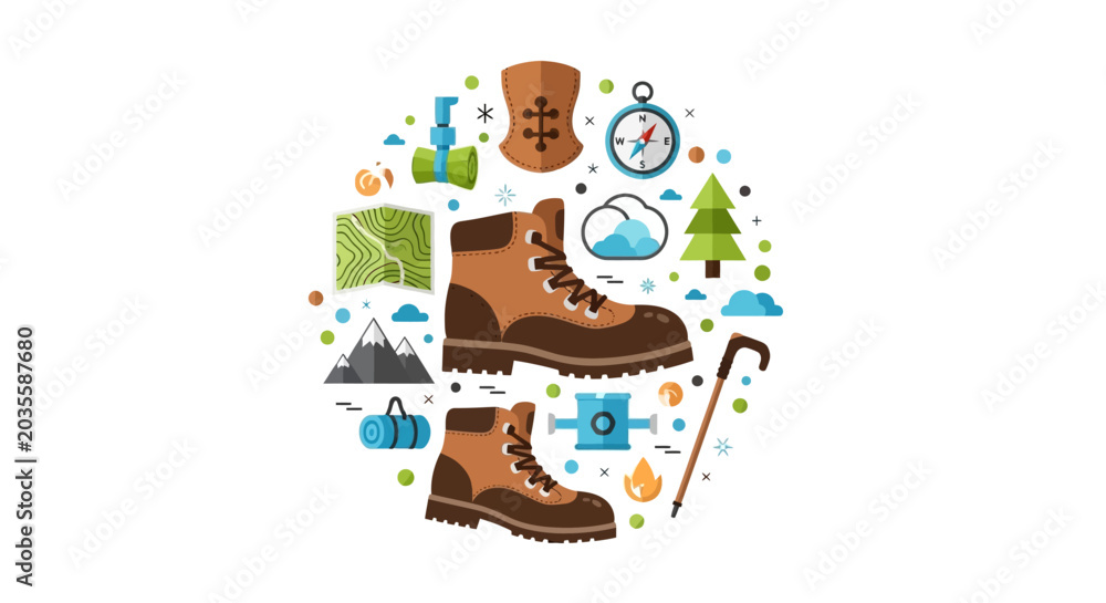 Fototapeta premium Adventure Outdoor Gear Concept Illustration - Hiking Boots, Map, Compass, and Camping Symbols in a Circular Flat Design Style