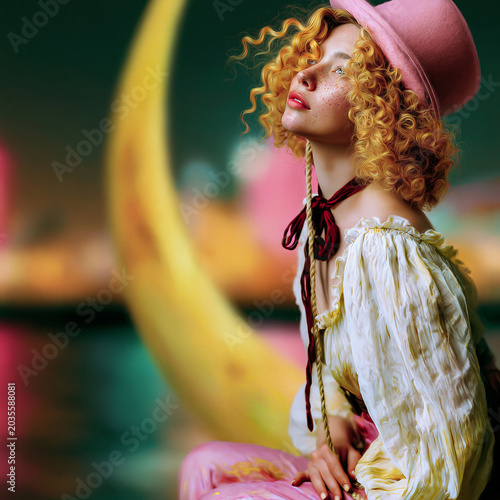 Ethereal portrait of a freckled woman in vintage-inspired fashion posed against a glowing crescent moon and blurred carnival lights.