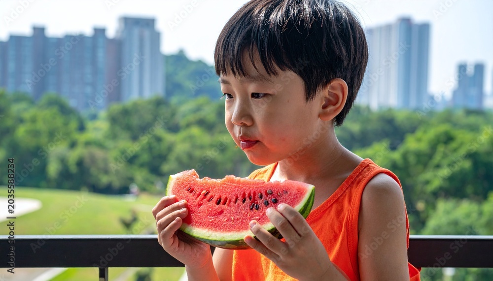 Fototapeta premium A happy Asian boy enjoys a juicy slice of red watermelon on a sunny balcony. This vibrant image captures the essence of summer, childhood joy, and healthy living against a city park view.