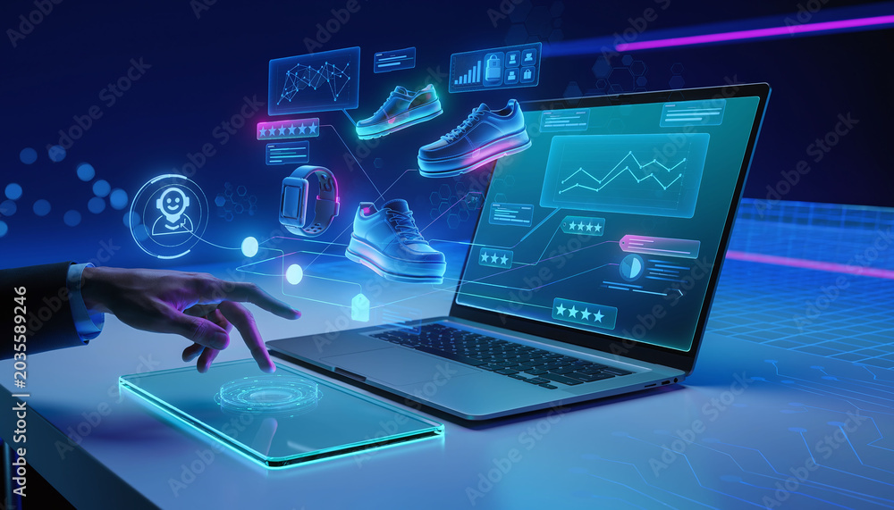 Fototapeta premium Visualize the future of retail with this futuristic holographic interface for online shopping. Featuring 3D sneakers, data analytics, and hightech UI design. Ideal for innovative business.