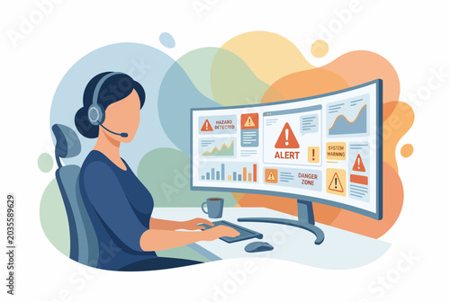 Female Emergency Dispatcher Monitoring Alerts at Modern Workstation