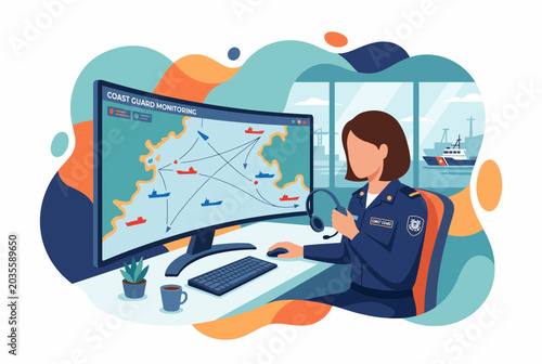 Female Coast Guard Dispatcher Monitoring Maritime Traffic at Workstation