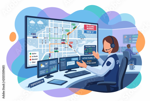 Foto Female emergency dispatcher operating call center workstation with maps