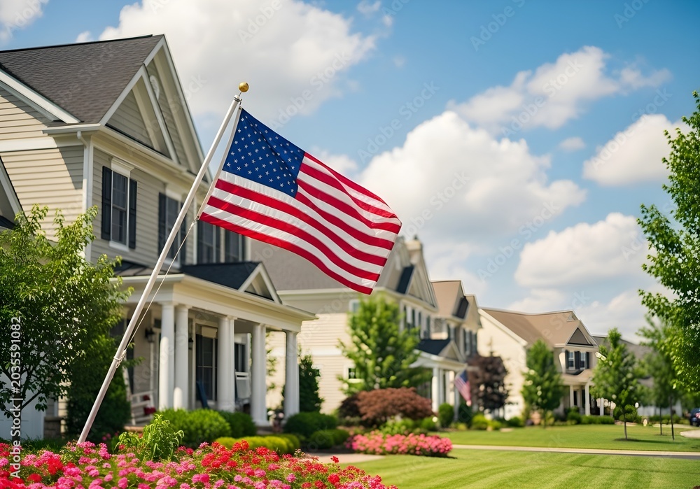 Fototapeta premium American flag flying in front of a suburban home with beautiful garden