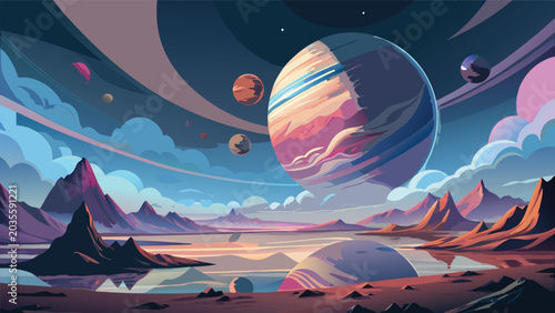 Картината върху платно Planetary landscape with ringed planet and mountainous terrain a digital vector