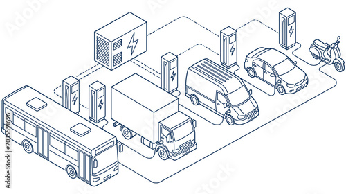 electric vehicles charging stations isometric.