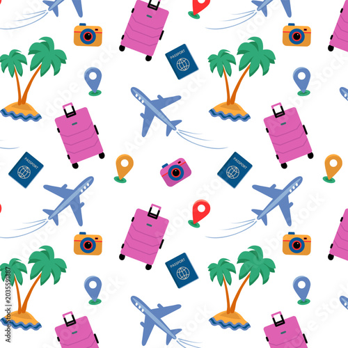 eamless travel pattern of airplanes, suitcases, passports, cameras, palm trees, maps. Vector illustration in 2 versions (on white and transparent background) for tourism, vacation, textile, wrapping.