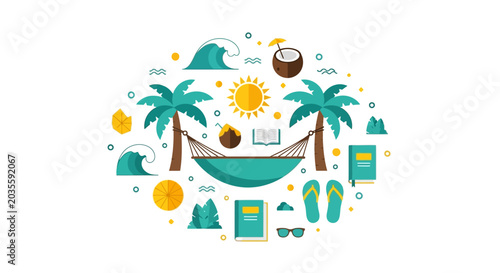 Tropical Beach Vacation Flat Vector Illustration with Hammock, Palm Trees, and Summer Travel Elements on White Background