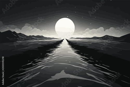 Φωτογραφία Full moon night scenery over tranquil waters landscape, minimalist vector art design
