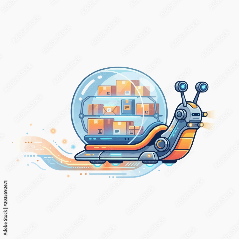 Naklejka premium A futuristic snail robot carrying a cargo of boxes within a transparent dome, moving along a digital data stream. The robot has mechanical antennae and wheels.