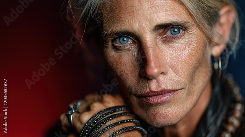 Close-Up Portrait of Mature Woman with Striking Blue Eyes, Silver Blonde Hair, Textured Skin, Adorned with Metallic Bangles and Rings, Against Dramatic Red and Blue Background