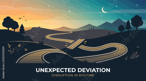 Foto Unexpected deviation disruption in routine text on winding road landscape at sunset