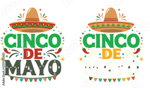 Cinco de Mayo Typography Vector Emblem Set with Traditional Sombrero Hat, Red Chili Peppers, Colorful Bunting Garlands, and Festive Ornaments for T-Shirt Prints