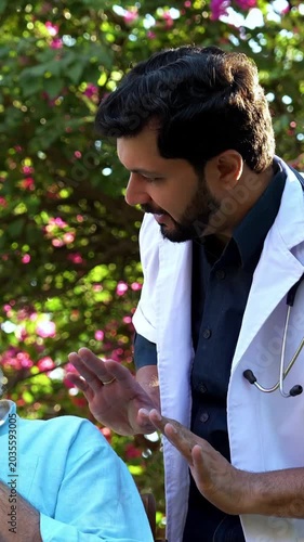 Indian Asian senior male patient in kurta sits in hospital park as young doctor arrives, greets him, asks about his health, and points at something far while they engage in a cheerful conversation