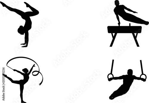 Gymnasts performing flips and poses on various apparatus in a sports setting with vector graphics