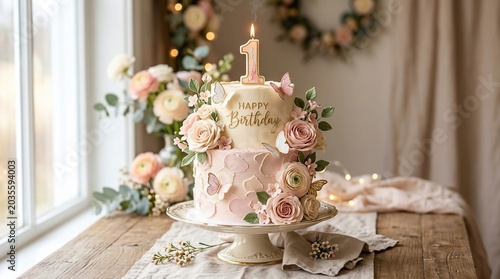 Beautifully decorated two tier birthday cake with number 1 candle and floral accents