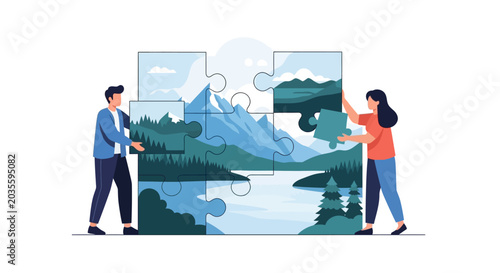 Business Teamwork and Collaboration Concept Illustrating People Assembling a Mountain Landscape Jigsaw Puzzle