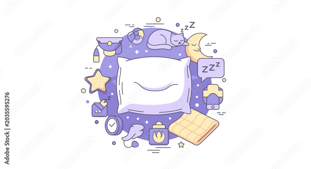 Naklejka premium Healthy Sleep Routine and Bedtime Wellness Illustration Featuring Pillow, Sleeping Cat, Moon, and Relaxation Icons
