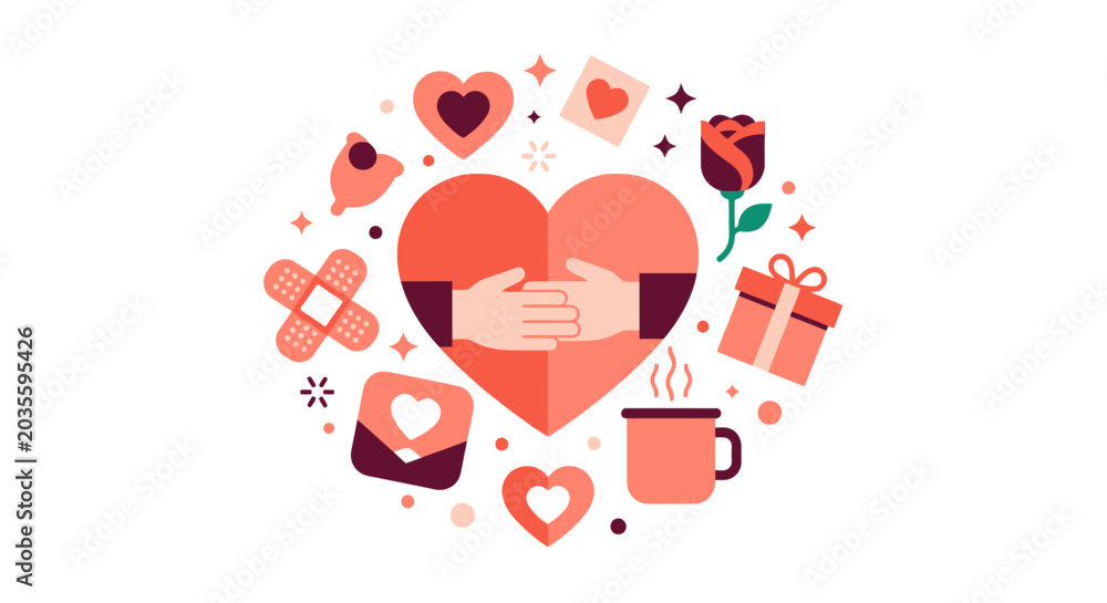Naklejka premium Heart with Hands Clasping and Care Symbols Vector Illustration for Relationship Support, Charity, and Valentine's Day Theme