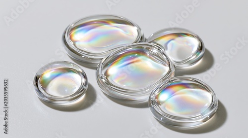 Clear, shiny drops of serum float like soap bubbles in water, reflecting light. This skincare essence, used for faces, looks like iridescent, glossy circles.
