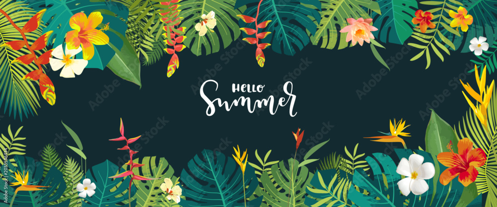 Obraz premium Tropical Caribbean palm leaf frame. Summer jungle background, green tropical tree leaves, Hawaiian beach rainforest nature texture patern. Exotic vector illustration floral banner, vacation invitation