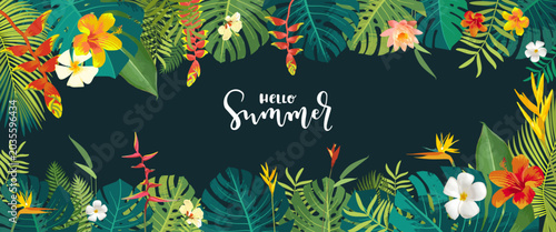 Tropical Caribbean palm leaf frame. Summer jungle background, green tropical tree leaves, Hawaiian beach rainforest nature texture patern. Exotic vector illustration floral banner, vacation invitation