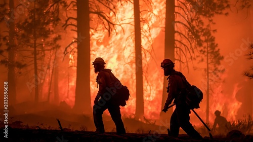 Skilled firefighters work in a tough, far-off spot, putting out a big, urgent section of the forest fire with flames high in the trees.