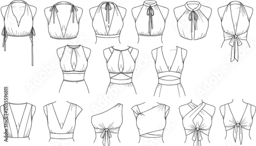 Canvastavla Technical flat sketch set of women halter neck crop tops and multiway wrap blous