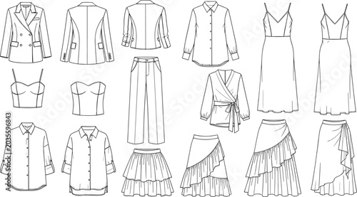 Konstfotografi Women capsule wardrobe collection of technical flat sketches including blazer tr