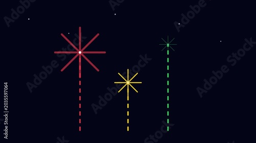 Three colorful starburst designs shine brightly in dark space with dotted lines