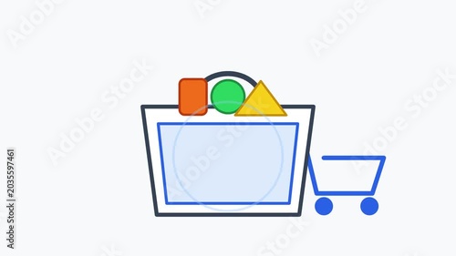 Shopping cart contains various colorful items on wheels outside