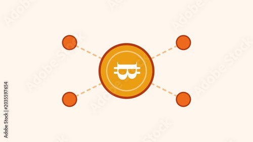 A futuristic illustration depicts a central orange circle with a face connecting to four smaller circles.