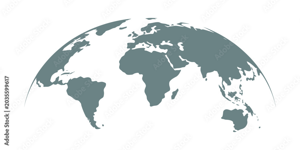 Naklejka premium Curved world map silhouette with half globe blue Earth planet representing global business geography and international worldwide travel featuring all major continents in a modern vector graphic