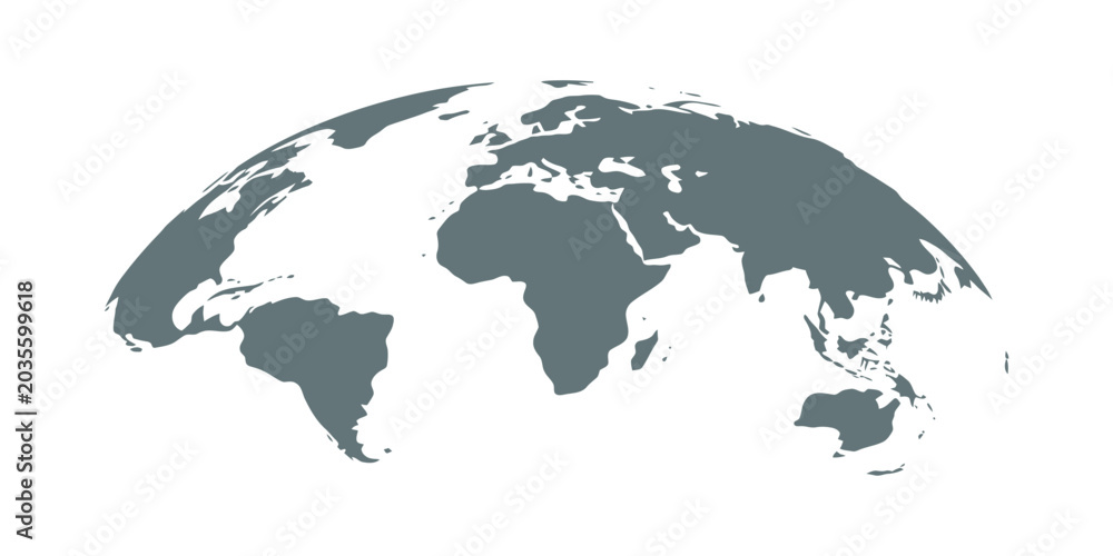 Naklejka premium Curved world map silhouette with half globe blue Earth planet representing global business geography and international worldwide travel featuring all major continents in a modern vector illustration 