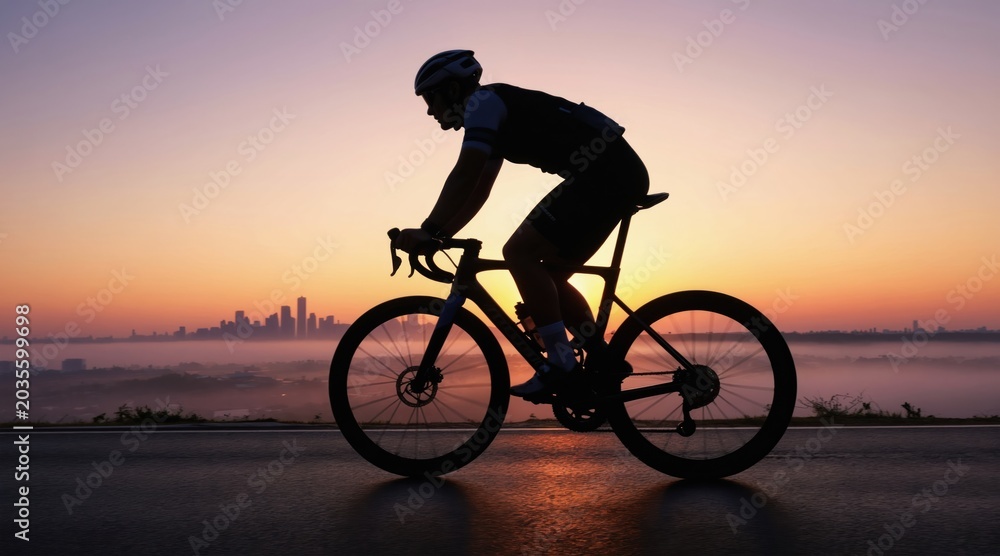 Obraz premium Cyclist rides road bike at sunrise over misty cityscape. Athlete trains hard, focused on fitness goals. Early morning ride builds endurance and speed.