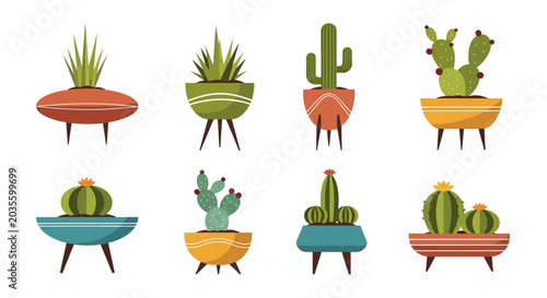 Tableau sur toile Mid-Century Modern Potted Cacti and Succulents Vector Set