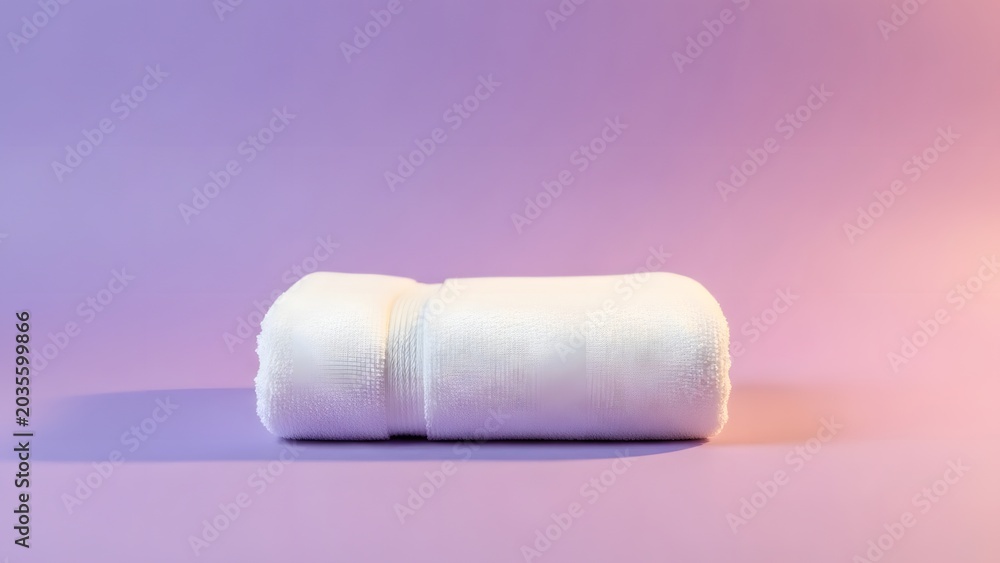 Obraz premium A fluffy white towel neatly folded and resting on a soft purple and pink gradient background, suggesting relaxation and comfort