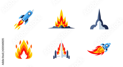 Rocket Launch and Fire Icon Set