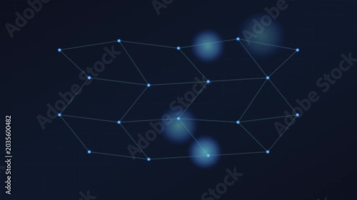 Glowing blue network connections form a web on a dark background with geometric shapes and lines.