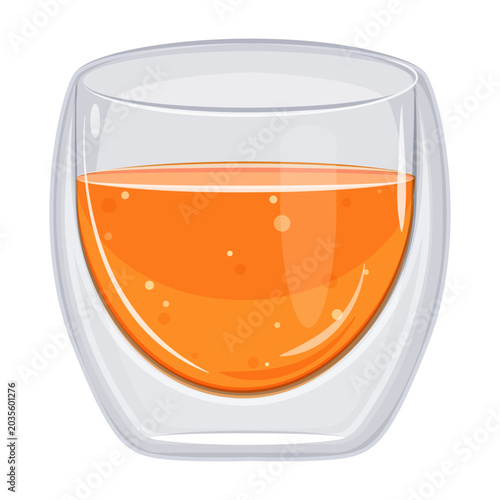 Orange juice in double-walled glass. Insulated transparent glass container with drink in realistic style. Modern drinkware icon. For cafe and restaurant menu design, healthy lifestyle blogs, juice bar